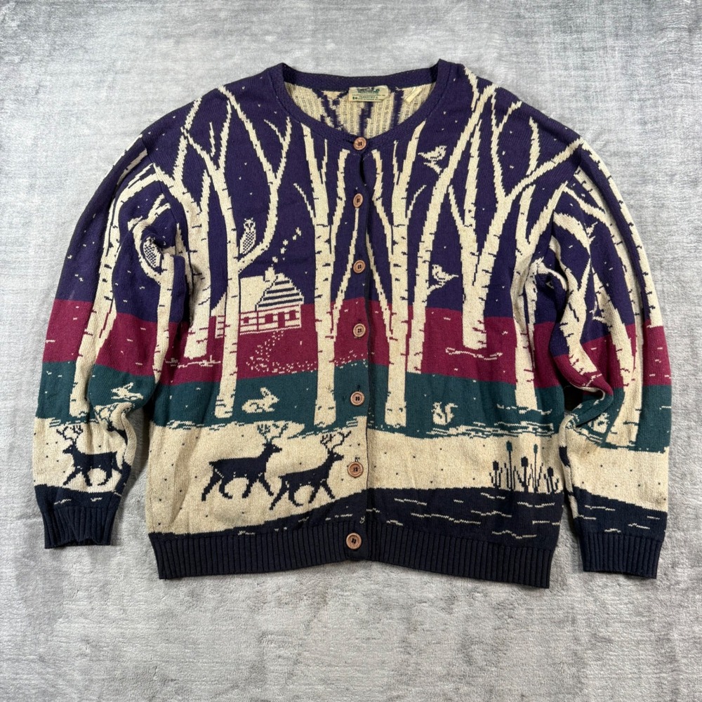 Northern Reflections Sweater Women XL Purple Nature Birch Tree Deer Cottagecore